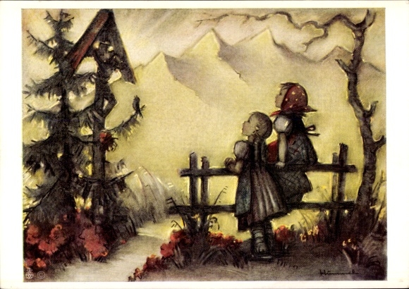 Künstler Ak Hummel, B., Zwei Kinder stehen an einem Zaun und schauen auf die Berge