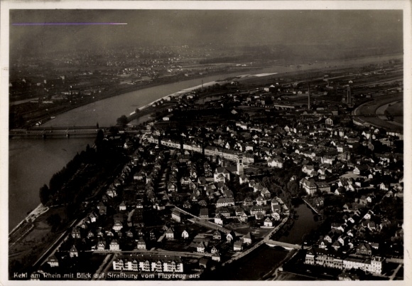 Postcard Kehl am Rhein, aerial photograph, view of Strasbourg, residential areas, Rhine