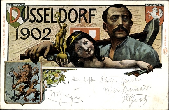 Wapen litho Düsseldorf am Rhein, Industrie- en Handelstentoonstelling 1902, arbeider en kind