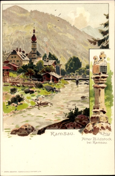 Artist Chromo-Litho Stützel, Otto, Ramsau in Berchtesgadener Land Upper Bavaria, old wayside shrine