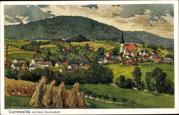 Artist Postcard Cuttingbach, C., Cunewalde in the Lausitz, Panorama, Czorneboh