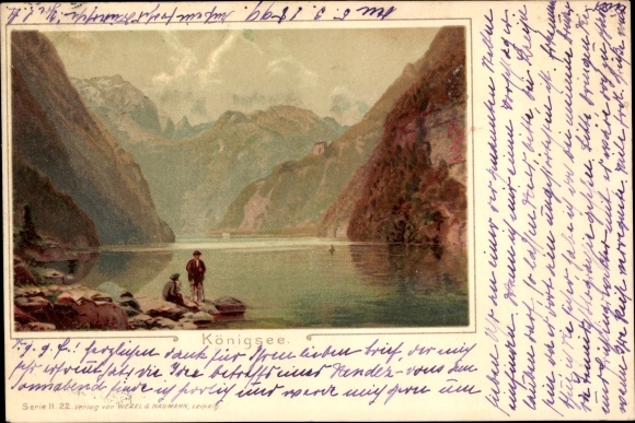 Artist Chromo-Litho Schönau am Koenigssee, bank area with Alps