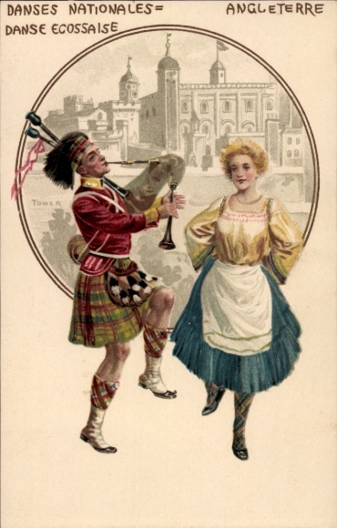 Chromo-Litho Danses Nationales, Angleterre, Scotsman in kilt with bagpipes, dancer