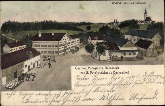 Postcard Dummeldorf Johanniskirchen Niederbayern, pilgrimage church Gutteneck, inn and butcher&#39;s shop