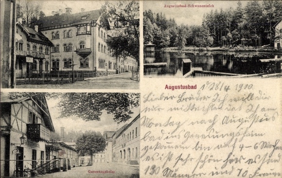 Postcard Augustusbad Radeberg in Saxony, convalescent home, swan pond