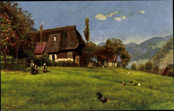 KP artysty Hoffmann, H., Schwarzwald dom na wysokości, kury