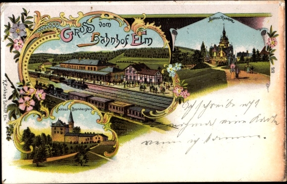 Chromo-Litho Elm Schluechtern in Hesse, train station, Brandenstein Castle, Ramholz Castle