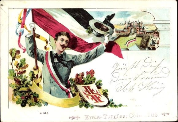 Chromo-Litho Cologne on the Rhine, greetings from the gymnastics club, gymnasts with a flag, Jahnkreuz