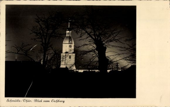 KP Schmölln w Turyngii, widok na kościół z Eichberg, ujęcie nocne