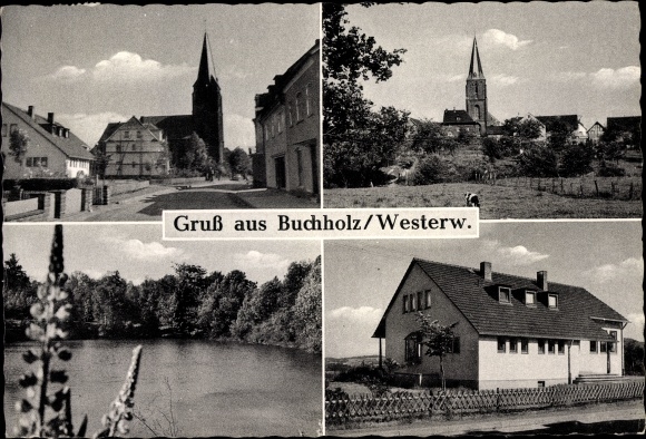Postcard Buchholz Westerwald, church, lake, house