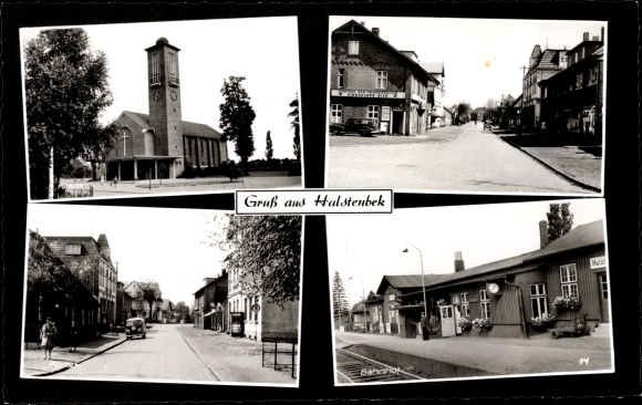 Ak Halstenbek Schleswig Holstein, kerk, treinstation, uitzicht op straat