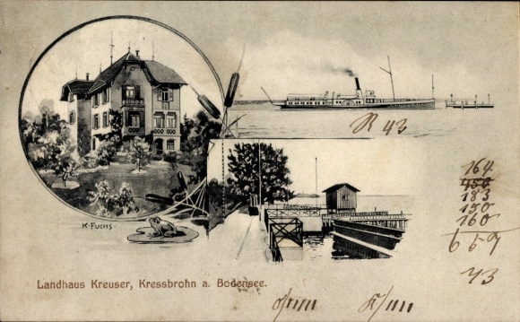 Künstler Ak Fuchs, Karl, Kressbronn am Bodensee, Landhaus Kreuser, Anlegestelle, Dampfschiff