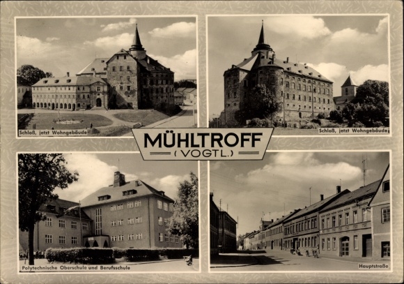 Ak Pausa Mühltroff in Vogtland Saksen, kasteel, polytechnische middelbare school en vakschool