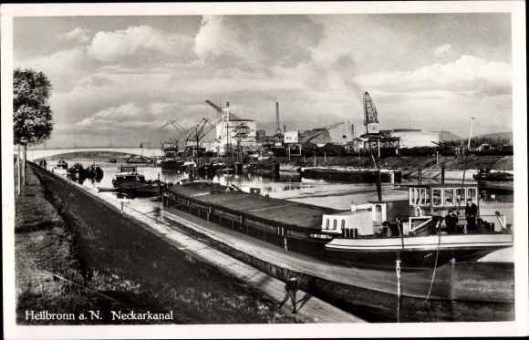 Postcard Heilbronn am Neckar, Neckarkanal mit Lastkahn