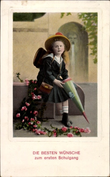 Postcard Congratulations on going to school, girl with candy cone