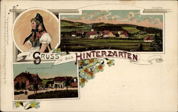 Litho Hinterzarten im Schwarzwald, Gesamtansicht, Gasthaus zum Bahnhof, Schwarzwälderin