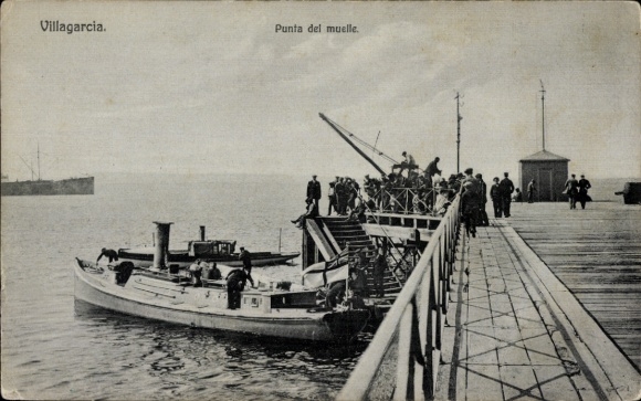 Ak Villagarcia Asturias, schip aan de kade, haven