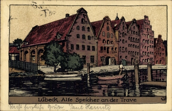 Stone print Postcard Lübeck, Old warehouses on the Trave