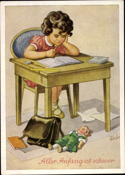 Artist Postcard Dörfel, All beginning is difficult, school child, homework, doll