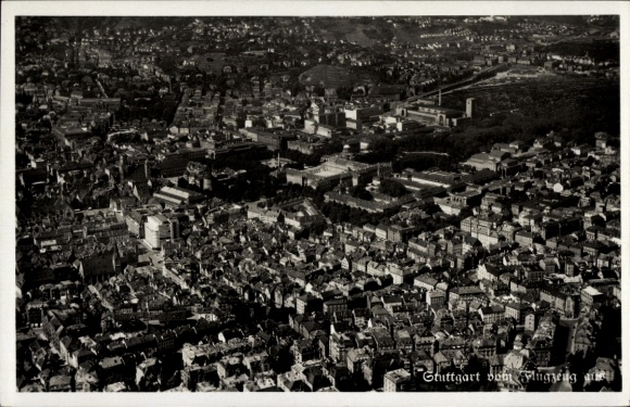 Postcard Stuttgart in Württemberg, aerial view of numerous buildings, hilly landscape