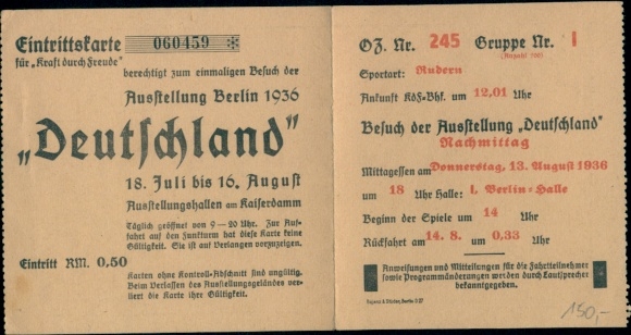 Eintrittskarte Ausstellung Deutschland 1936 Berlin, Kraft durch Freude, 13.8.1936, Sportart Rudern