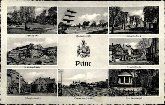 Postcard Peine in Lower Saxony, Werdemark, Kniepenburg swimming pool, Peine hospital, Breitestraße...