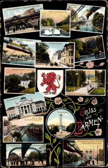 Postcard Barmen Wuppertal in North Rhine-Westphalia, suspension railway, Hall of Fame, Ottostrasse, coat of arms