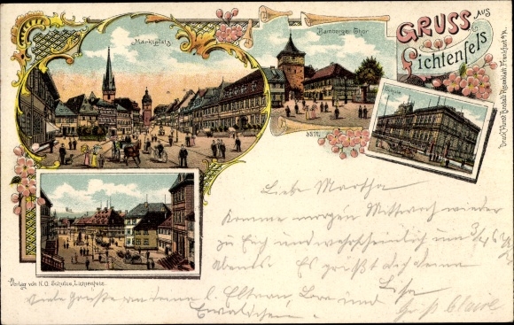 Litho Lichtenfels im Obermainland Oberfranken, Marktplatz, Bamberger Tor, Schule, Straßenpartie