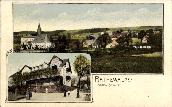 Ak Rathewalde Hohnstein Sächsische Schweiz, Friedhof, Kirche, Panoramablick, Landschaft, histo...