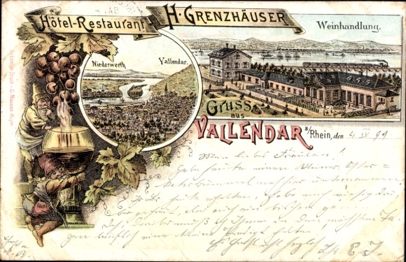 Litho Vallendar am Rhein, Hotel Restaurant H. Grenzhäuser, Weinhandlung, Zwerge, Niederwerth