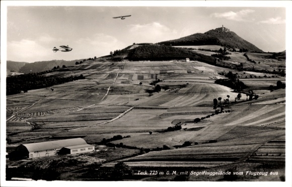 Postcard Owen unter Teck Württemberg, Burg Teck, aerial photography, gliding site