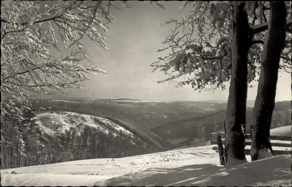 Postcard Frauenwald on the Rennsteig Ilmenau in Thuringia, panorama, winter view
