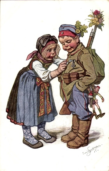 Artist Postcard Beithan, Emil, Woman looking at medals from a soldier, Hessian costume