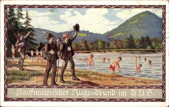 Artist Postcard Kutzer, E., , Commercial Youth Association in the VDH, Hikers and people in the water