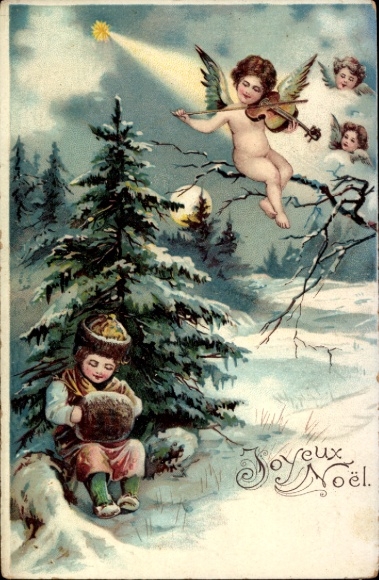 Embossed PC Merry Christmas, winter landscape, child, angel