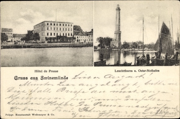 Postcard Świnoujście Świnoujście Pomerania, Hotel de Prusse, lighthouse, Chorzelin Osternothafen