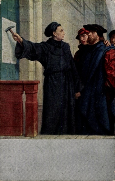 Artist PC Wittenberg, reformer Martin Luther with his theses at the Castle Church
