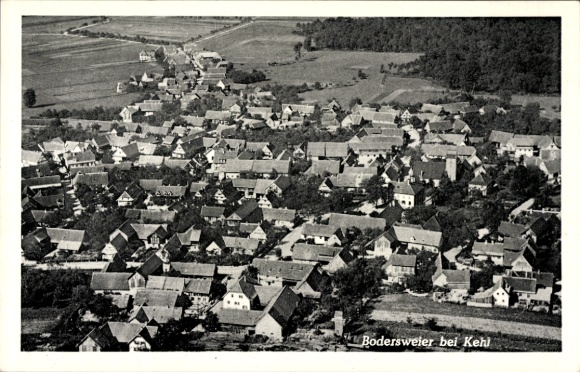 Postcard Bodersweier Kehl am Rhein, aerial view of Bodersweier, many houses, rural landscape