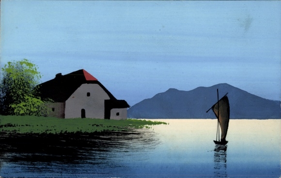 Hand-painted Postcard house on the water, sailboat, mountains