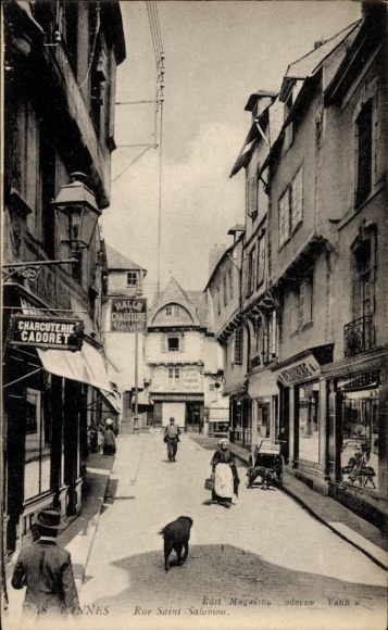 KP Vannes Morbihan, ulica ze sklepami, pies na ulicy, architektura