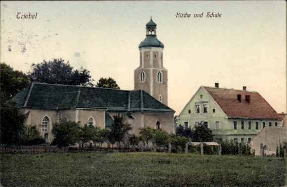 Postcard Triebel in Vogtland, Church and School