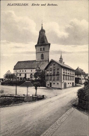 Postcard Blaufelden Baden Württemberg, church and town hall
