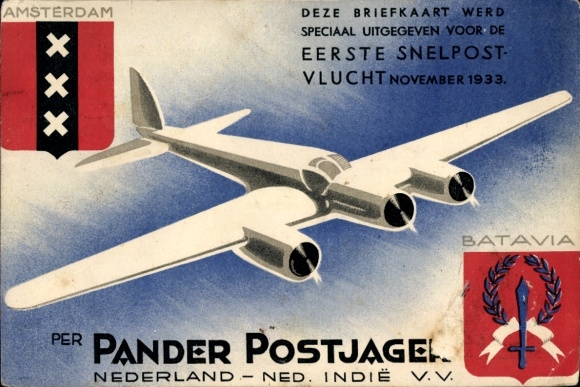 Pierwszy ekspresowy lot pocztowy Amsterdam Batavia listopad 1933, Pander Postjager, Holandia Ned. W.