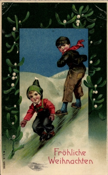 Embossed Postcard Congratulations Christmas, boys ice skating, mistletoe