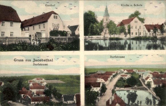 Postcard Jacobsthal Zeithain in Saxony, village street, inn, church, school
