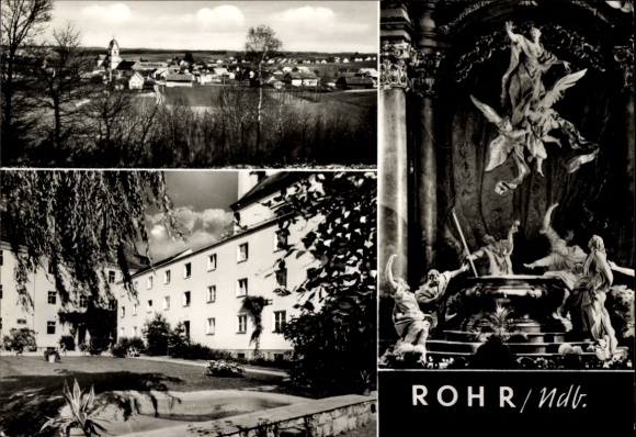Postcard Rohr in Lower Bavaria, general view, inner courtyard d. Monastery, high altar d. Abbey church