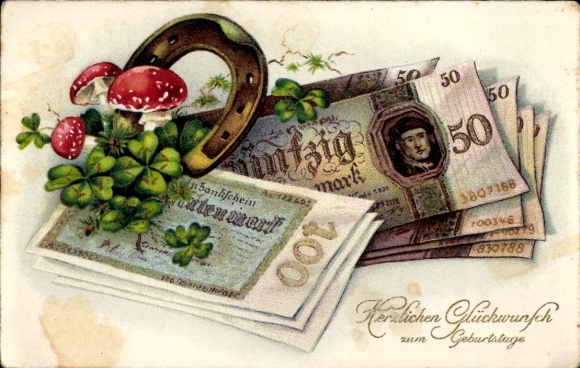 Postcard Happy Birthday, banknotes, horseshoes, clovers, toadstools