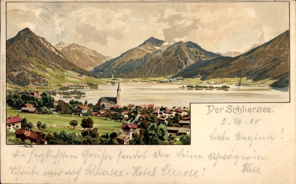 Artist Chromo-Litho Strutzel, Otto, Schliersee in Upper Bavaria, place with Schliersee, mountains