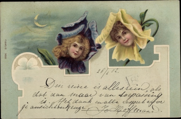 litho Gehumaniseerde viooltjes, portretten van vrouwen in bloemen