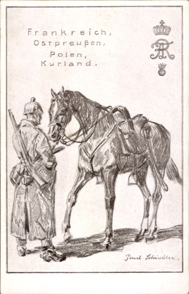 Artist Postcard Soldier feeding his horse, France, East Prussia, Poland, Courland
